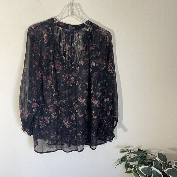 Polo Ralph Lauren Tops - Polo Ralph Lauren Women XS 100% Silk Sheer Black Floral Blouse Top Long Sleeve